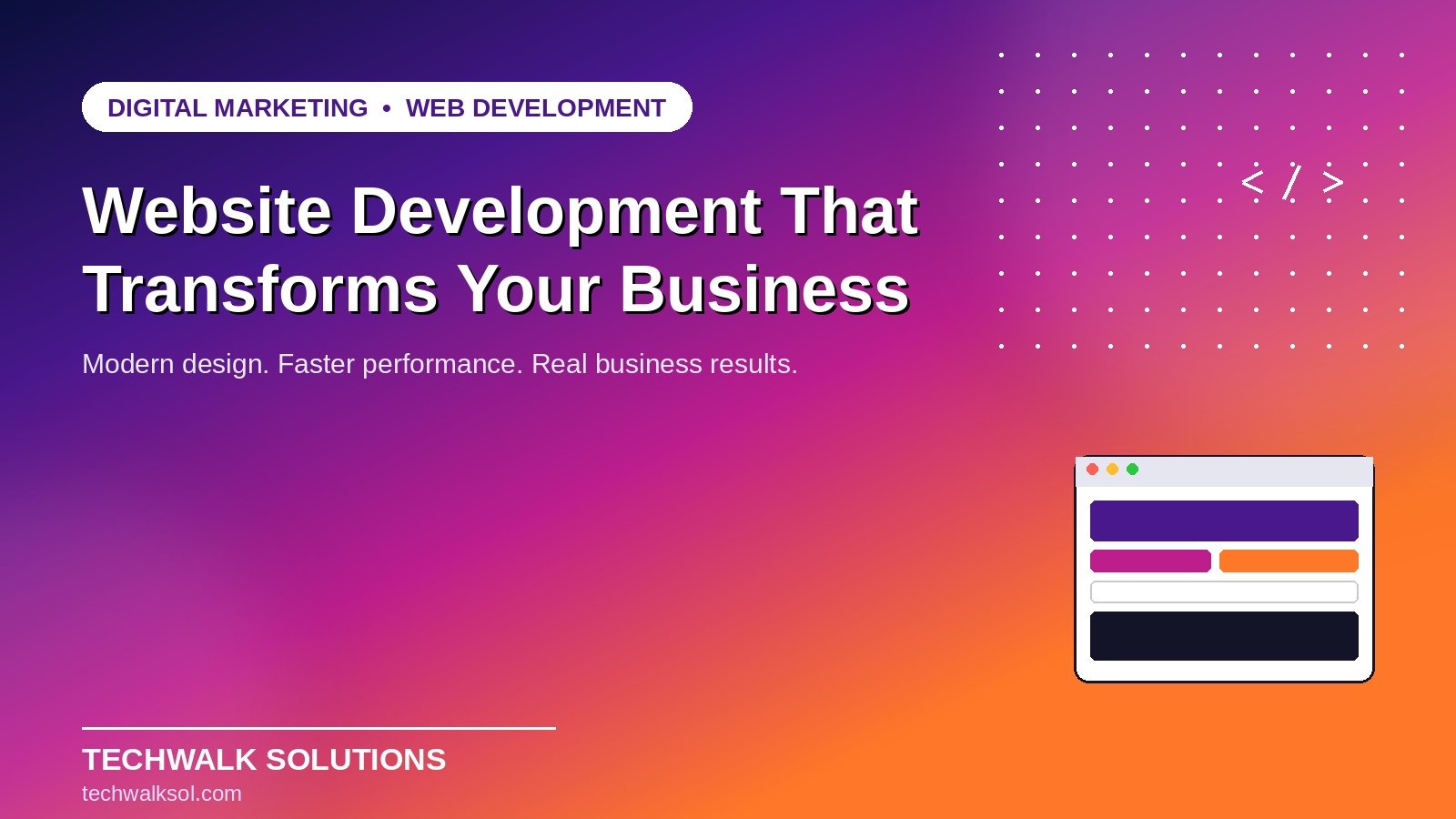 Vibrant banner graphic for Techwalk Solutions blog on website development that transforms business growth