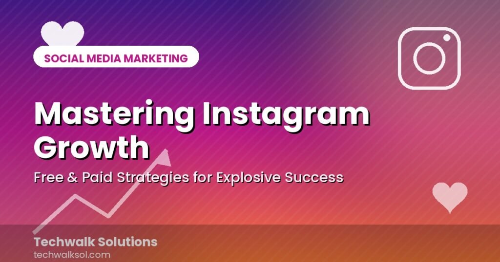 Graphic for Techwalk Solutions blog on mastering Instagram growth with free and paid strategies for success