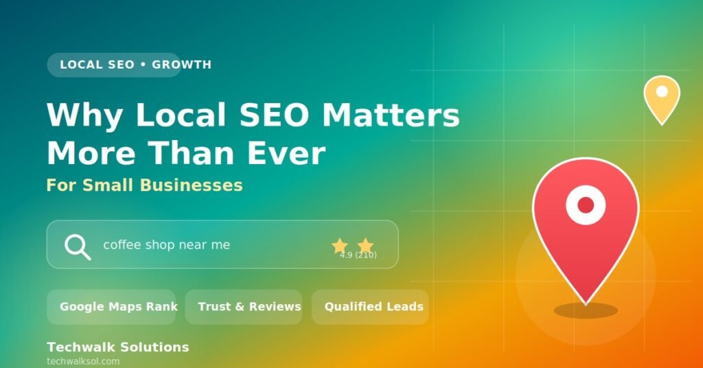 Image showing local SEO for small businesses with a Google Maps pin and near me search bar representing local search visibility