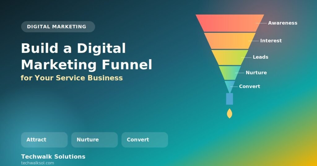 digital marketing funnel diagram showing the stages of awareness, interest, leads, nurture, and conversion for a service business