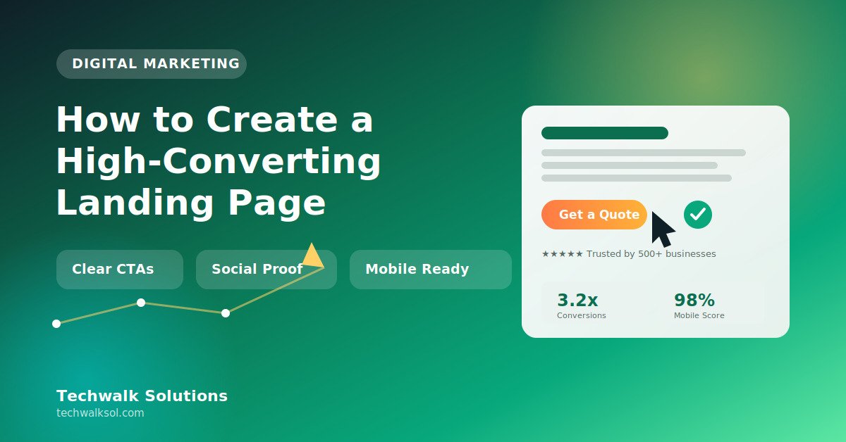 Image showing a high-converting landing page mockup with a call-to-action button, conversion arrow, and trust badges