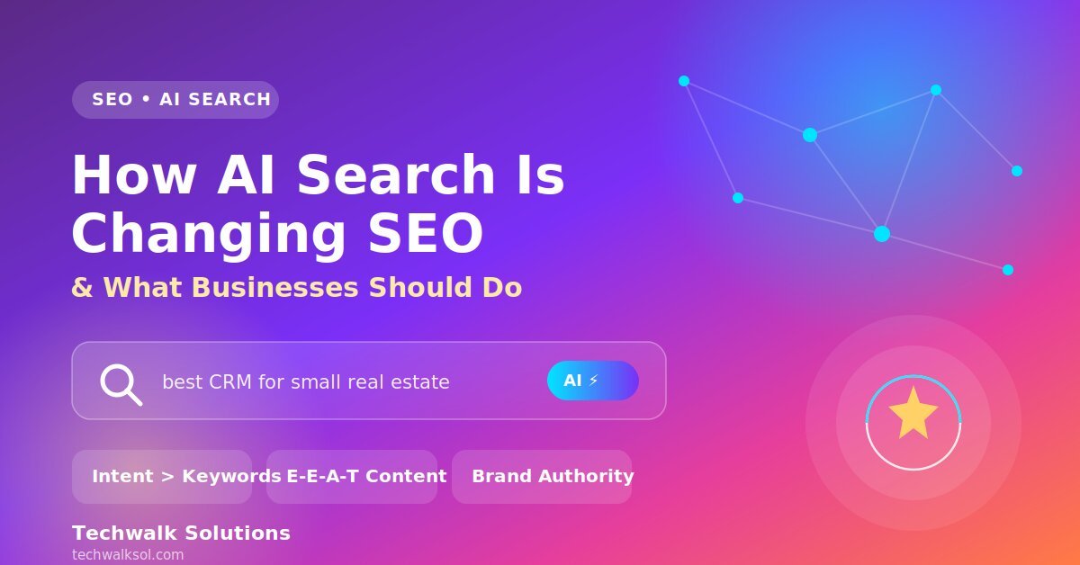 featured image illustrating how AI search is changing SEO, with a search bar and neural network graphic representing AI-powered search and intent-based optimization