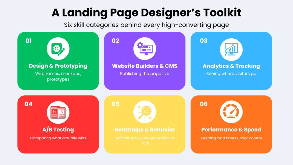 Landing page designer's toolkit graphic covering design, CMS, analytics, A/B testing, and performance tools