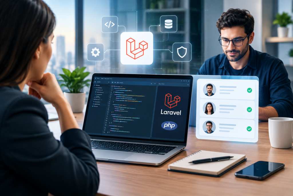 Business owners evaluating a Laravel developer's code and candidate profiles at a laptop with Laravel and PHP logos