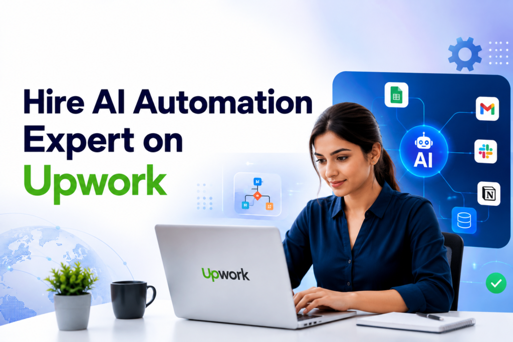 Hire an AI automation expert on Upwork - professional at a laptop connected to Gmail, Slack, Notion, and AI workflow icons