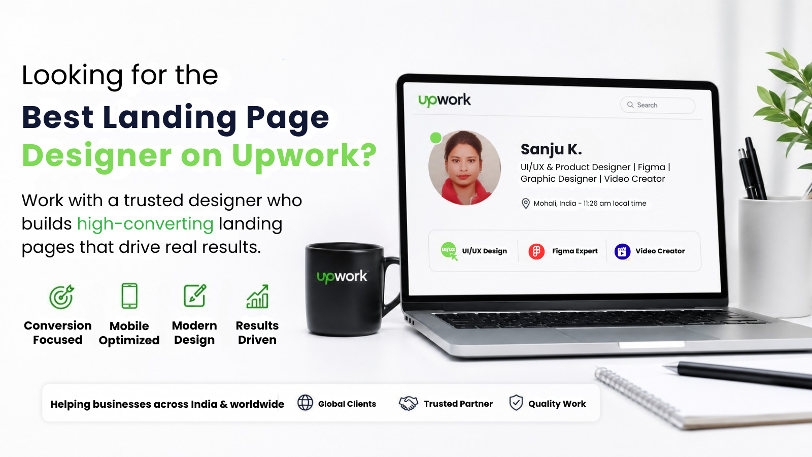 Best Landing Page Designer on Upwork profile showcasing Sanju Kumari, UI/UX and Figma expert helping businesses create high-converting landing pages for clients worldwide.