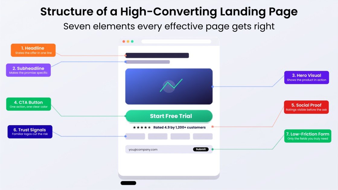 Diagram of a high-converting landing page structure showing headline, CTA, social proof, and trust signal placement