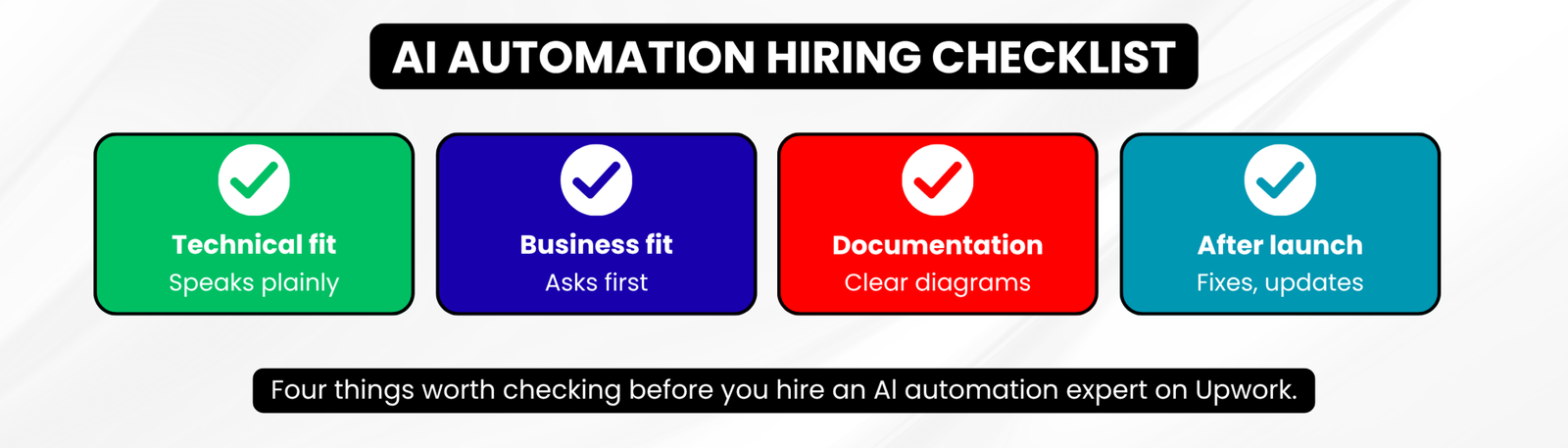Checklist for what to look for when you hire an AI automation expert on Upwork, covering technical fit, business fit, documentation, and after-launch support