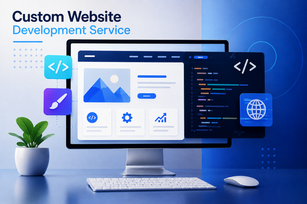 Custom Website Development Service featured image showing a modern website interface, coding elements, and digital design workspace in blue and white.