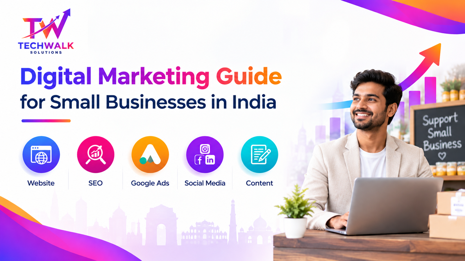 Digital marketing guide for small businesses in India covering SEO, Google Ads, social media and website strategy.