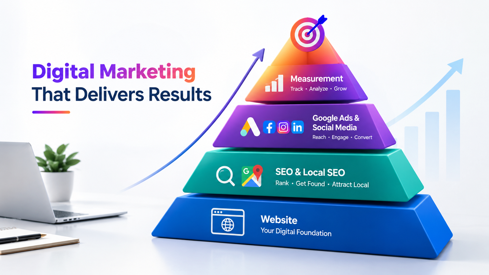 Digital marketing pyramid showing website, SEO, social media, ads, and measurement.