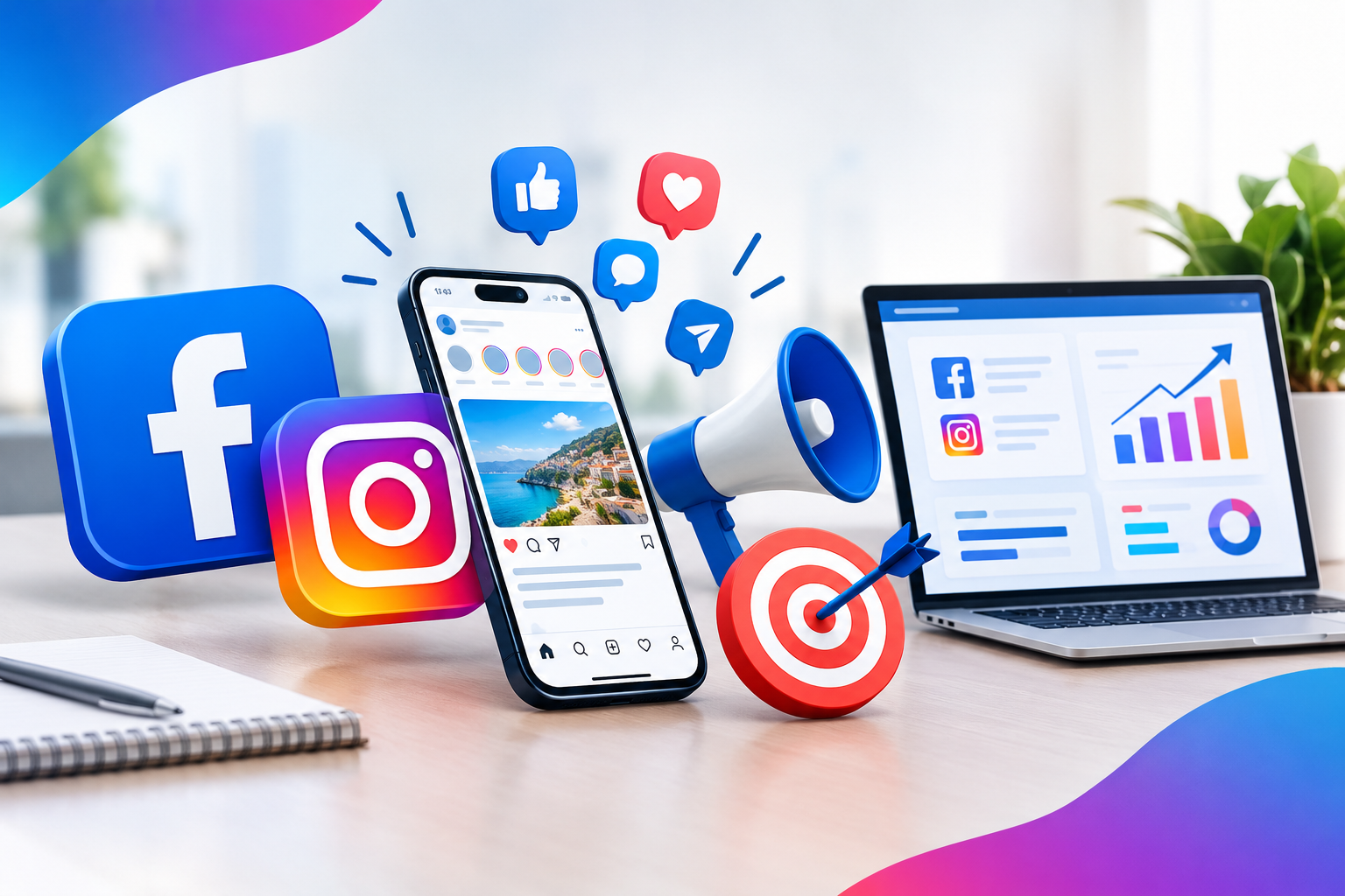 Facebook and Instagram marketing strategy with social media engagement icons, campaign analytics, and audience targeting