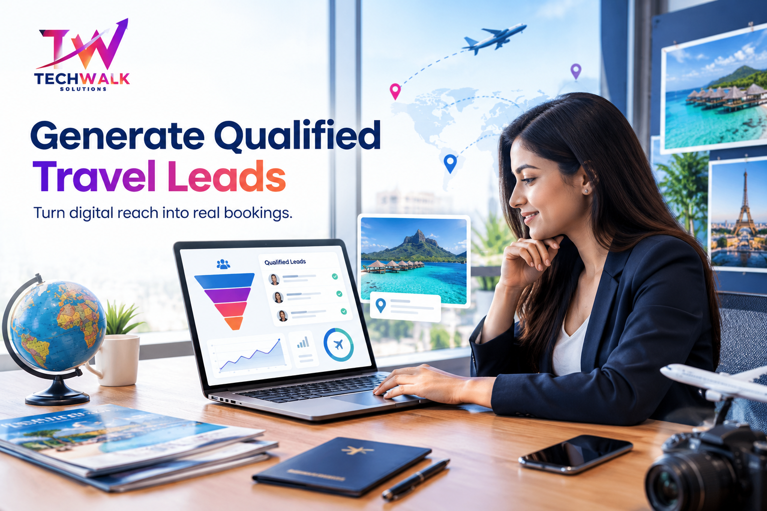 How travel agencies can generate qualified leads through digital marketing, featuring a travel professional analyzing lead generation analytics on a laptop.
