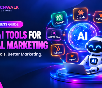 Best AI tools for digital marketing in 2026 featuring ChatGPT, Claude, Semrush, Surfer SEO, Canva, Buffer, HubSpot, Zapier, and Google Analytics 4 by Techwalk Solutions.