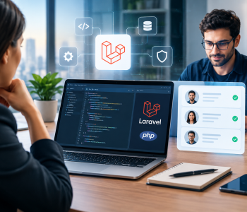 Business owners evaluating a Laravel developer's code and candidate profiles at a laptop with Laravel and PHP logos
