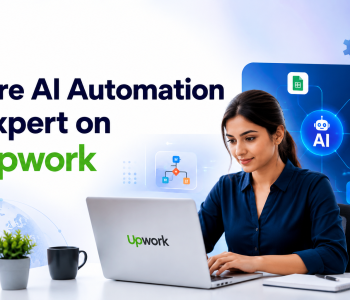 Hire an AI automation expert on Upwork - professional at a laptop connected to Gmail, Slack, Notion, and AI workflow icons