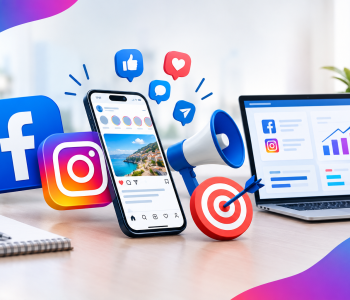 Facebook and Instagram marketing strategy with social media engagement icons, campaign analytics, and audience targeting