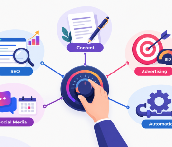 AI in digital marketing illustration showing a central strategy hub connecting SEO, content, advertising, social media, and marketing automation with human oversight.
