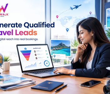 How travel agencies can generate qualified leads through digital marketing, featuring a travel professional analyzing lead generation analytics on a laptop.