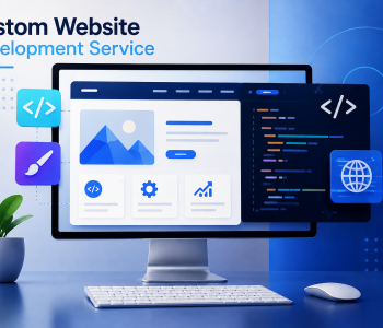 Custom Website Development Service featured image showing a modern website interface, coding elements, and digital design workspace in blue and white.