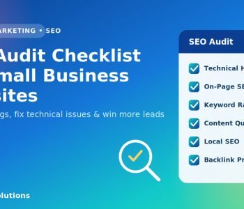SEO audit checklist graphic for small business websites showing technical SEO, on-page SEO, keywords, content, local SEO and backlink checklist items